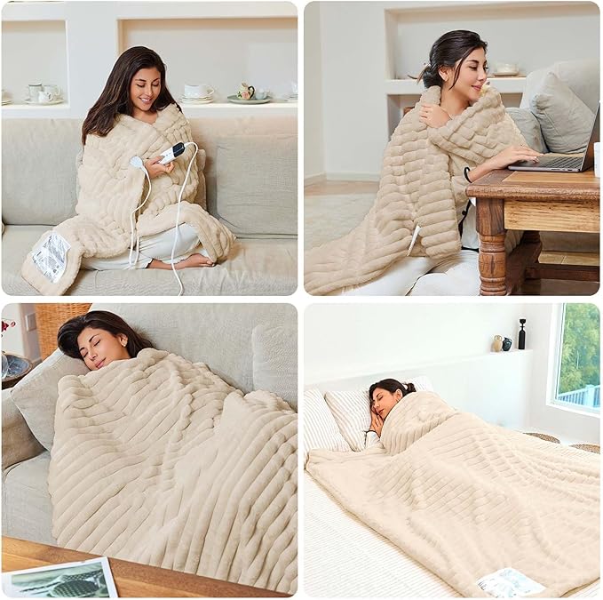 Electric Blanket, Soft Stripe Heated Blanket with 6 Heating Levels & 10 Hours Auto Shut Off, Fast Heating Warm Blanket, Machine Washable, Khaki, 84 x 90 Inch