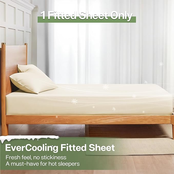 MR&HM Queen Fitted Sheet Only, Ultra-Soft Rayon Derived from Bamboo & Polyester Blend, Silky & Breathable, 15" Deep Pocket with Elastic Straps, Cooling Fitted Sheet for Hot Sleepers, Cream