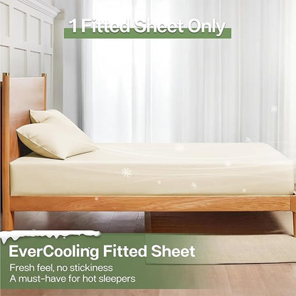 MR&HM Full Fitted Sheet Only, Ultra-Soft Rayon Derived from Bamboo & Polyester Blend, Silky & Breathable, 15" Deep Pocket with Elastic Straps, Cooling Fitted Sheet for Hot Sleepers, Cream