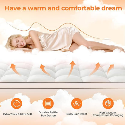 Ultra Soft Coral Fleece Full Size Mattress Topper, No Compression Plush Thick Pillow Top Mattress Pad with Deep Pocket, Winter Warm Cozy Bed Topper Cover for Back Pain Relief