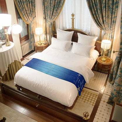 Happy Beach Place Marine Starfish Bed Runners for Bedroom Hotel,Decorative Bedding Scarf Gradient Blue Wood Grain Bed End Blanket Bedding Runner Scarves for Twin Size Bed,71x20in