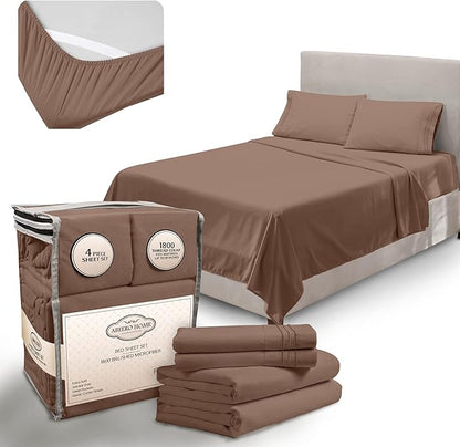Full Size Bed Sheets Cooling - Luxury Hotel Sheet Set - Soft Sheets with Elastic Corner Straps - Deep Pocket Microfiber Bedsheets - Bedding Sheet & Pillowcases - 4 PC (Full Size, Brown)