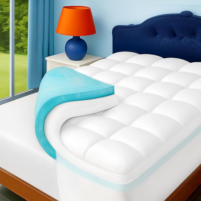 California King Dual Layer 4 Inch Memory Foam Mattress Topper, 2 Inch Cooling Gel Memory Foam and 2 Inch Down Alternative Pillow Top, 8-24 Inch Deep Pocket, Medium Support for Back Pain