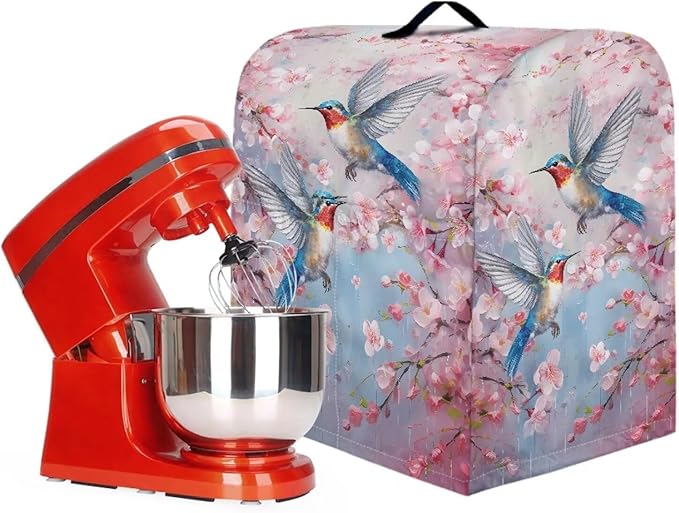 Kitchen Aid Mixer Cover Hummingbird Flower Dust Cover with Pockets and Handle, Pink, Waterproof, Polyester, Fits Most Stand Mixers