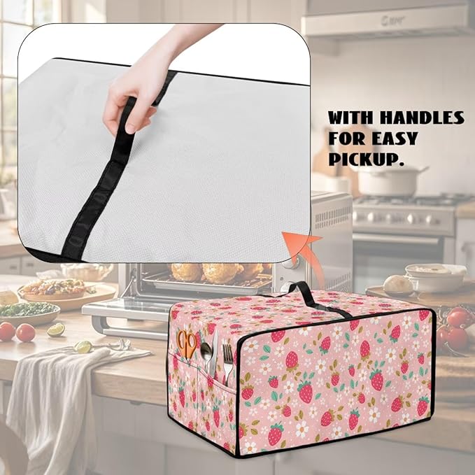 Pink Strawberry Cherry Blossom Print Microwave Oven Dust Cover Toaster Oven Cover Foldable Polyester-Linen Fabric Small Appliance Dust Covers Suitable for Most Microwave Ovens, S