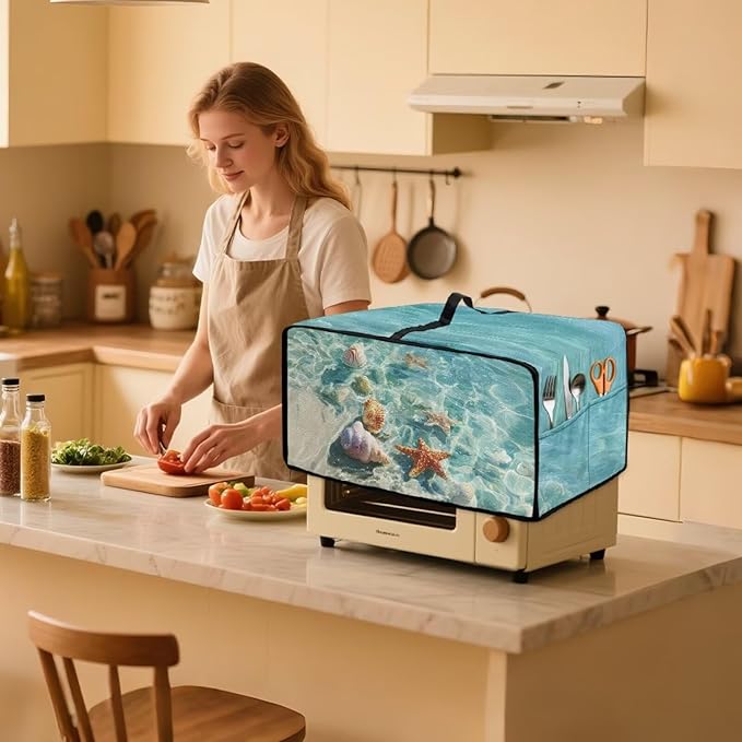 Toaster Oven Cover Washable Small Kitchen Appliance Dust Cover with Pockets, for Air Fryer Toaster Ovens, Microwaves, M, 16.5 x 20.5 x 10 Inches, Blue Beach Starfish Seashell Conch Whelk