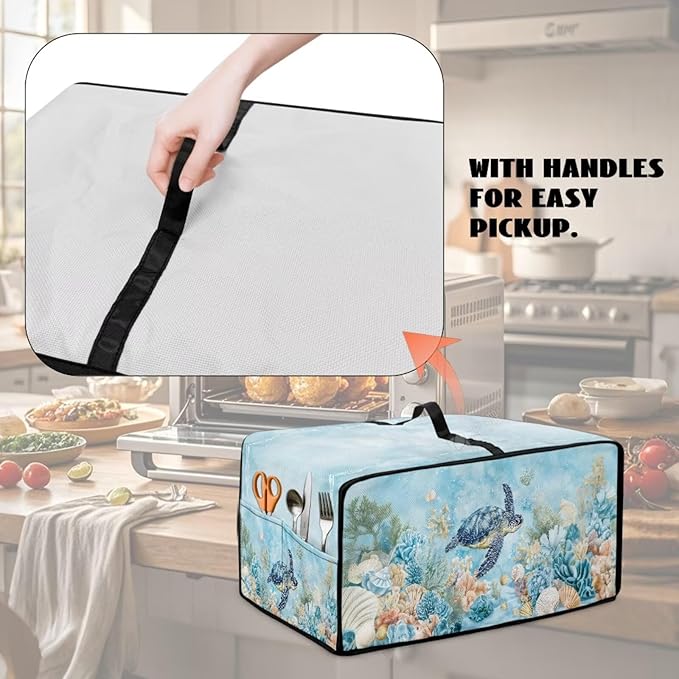 Air Fryer Toaster Oven Cover with Pockets, Dustproof Electrical Appliance Cover for Kitchen Countertop, L, 18.5 x 22.5 x 13 Inches, Sea Turtle Seashell Coral Reef Blue