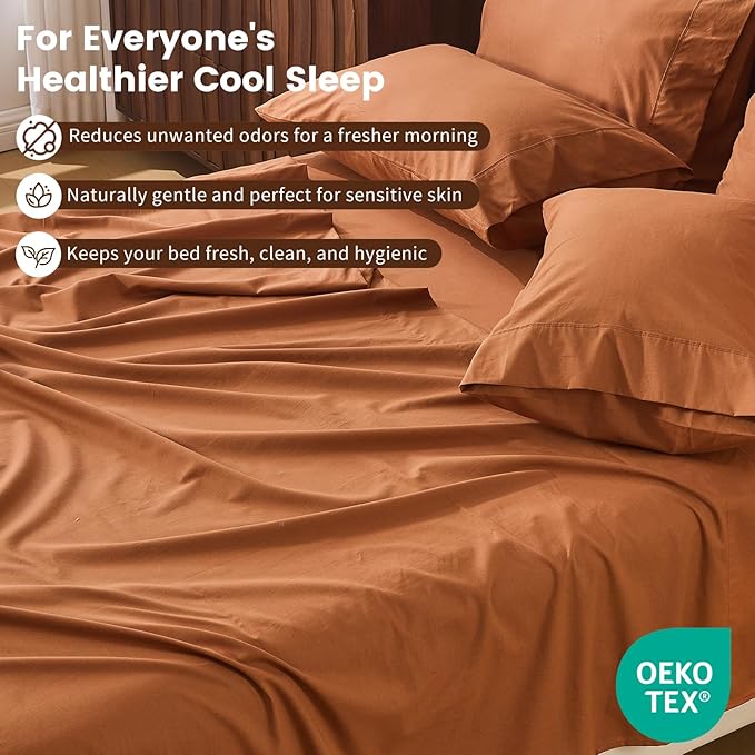 100% Linen Sheet Set King Size Extra Deep Pocket Fits 18-24 Inch Mattress, Breathable & Soft, Smooth 4-Piece Set for Thick Mattresses Hotel Luxury Bedding（King, Brown）
