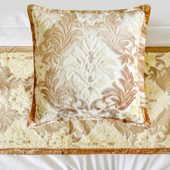 The HomeCentric King/Queen/Twin Beige Decorative Full 68"x18" Bed Runner Without Pillow Cover, Damask Bed Scarf on Velvet Fabric - Emmeline