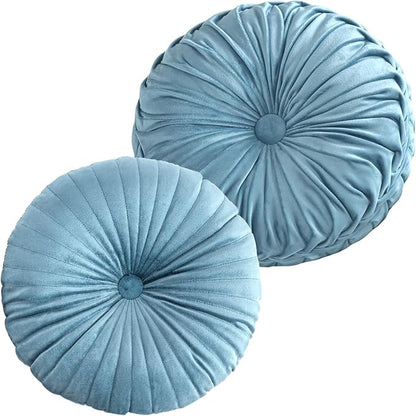 2 Pcs Round Throw Pillows Pleated Velvet Pumpkin Round Pillows Floor Cushion for Living Room Couch Chair Bed Sofa 15.7"x15.7"/13.8" x 13.8" (Blue)