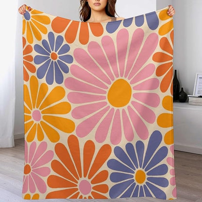 1970s Hippie Floral Throw Blanket, Retro Orange Pink Blue Flower Boho Groovy Daisy Flowers Comfortable Blanket for Couch Sofa Couch Chair 30"x40"