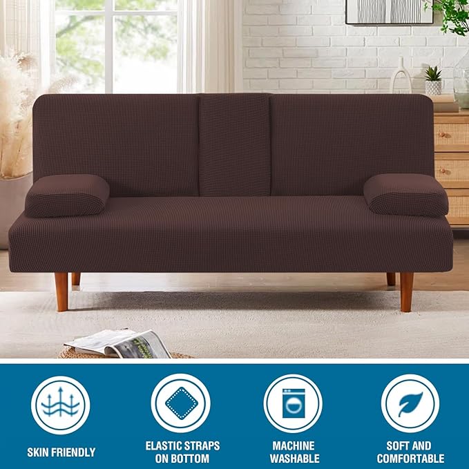 H.VERSAILTEX 4 Pieces Stretch Futon Covers Sofa Bed Slipcover with Removable Armrests and Cupholders Covers Furniture Protector High Spandex Small Checks Jacquard Fabric, Chocolate