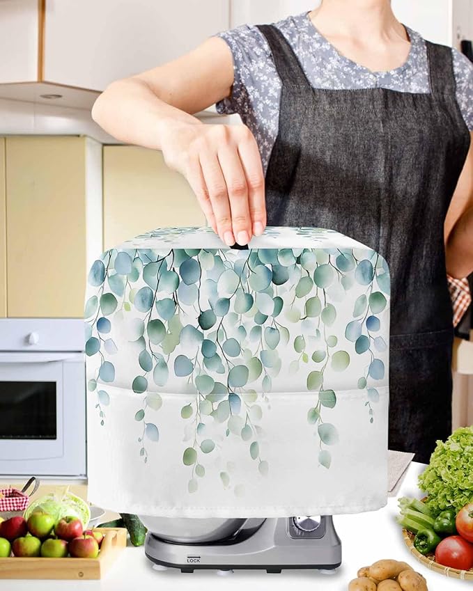 Eucalyptus Leaves Stand Mixer Dust Cover with Storage Pocket & Handles, Fits All Tilt Head & Bowl Lift Spring Botanical Vines Kitchen Appliance Cover Organizer Watercolor Bag Accessories, 6-8 Quart