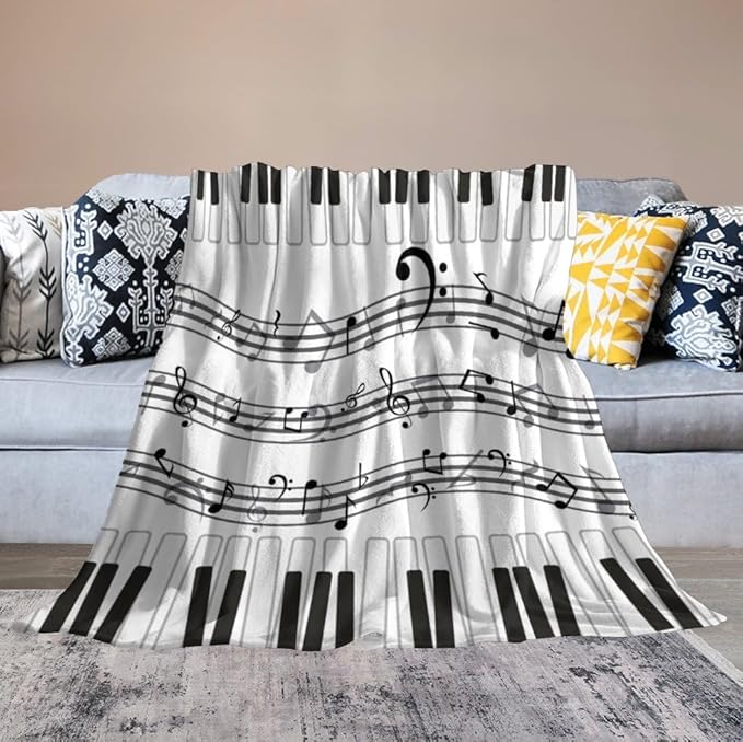 Music Blanket Black White Piano Keys Music Note Modern Abstract Art Print Soft Cozy Lightweight Throw Blanket for Women Men Bedroom Living Room Dorm Chair Sofa Travel 60x80in