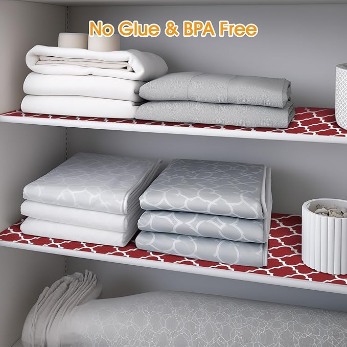 Shelf and Drawer Liner for Kitchen Cabinets Non-Adhesive, Strong Grip Non-Slip Thickened Cabinet Liners for Shelves, Waterproof Mats for Dresser Cupboard, Red/White, 12 in x 10 Feet