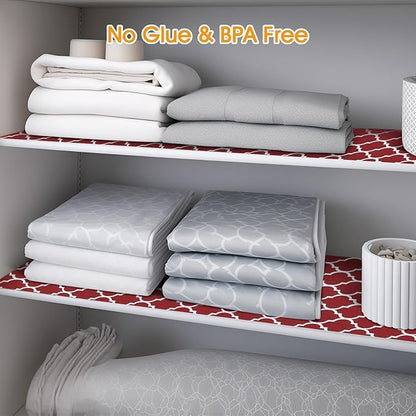 Shelf and Drawer Liner for Kitchen Cabinets Non-Adhesive, Strong Grip Non-Slip Thickened Cabinet Liners for Shelves, Waterproof Mats for Dresser Cupboard, Red/White, 12 in x 10 Feet