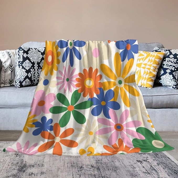 70s Retro Flower Throw Blanket, 60s Vintage Groovy Daisy Flowers Boho Hippie Bright Colorful Floral Print Blanket for Couch Chair Sofa Bed Dorm Bedroom Home 40"x50"