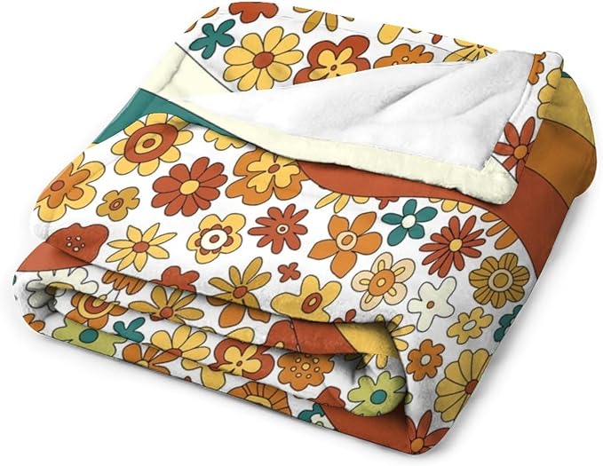 70s Retro Floral Throw Blanket, Boho Groovy Wavy Geometric Hippie Cute Flowers Yellow Orange Abstract Print Blanket for Holiday Theme Home Decor Bedding Couch and Gift 50"x60"