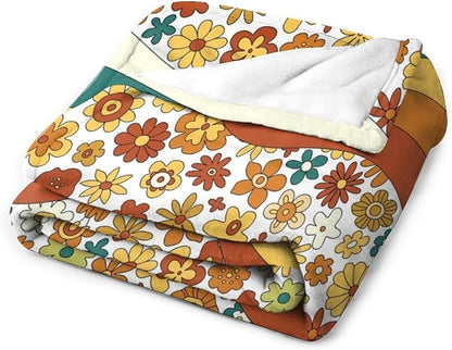 70s Retro Floral Throw Blanket, Boho Groovy Wavy Geometric Hippie Cute Flowers Yellow Orange Abstract Print Blanket for Holiday Theme Home Decor Bedding Couch and Gift 50"x60"