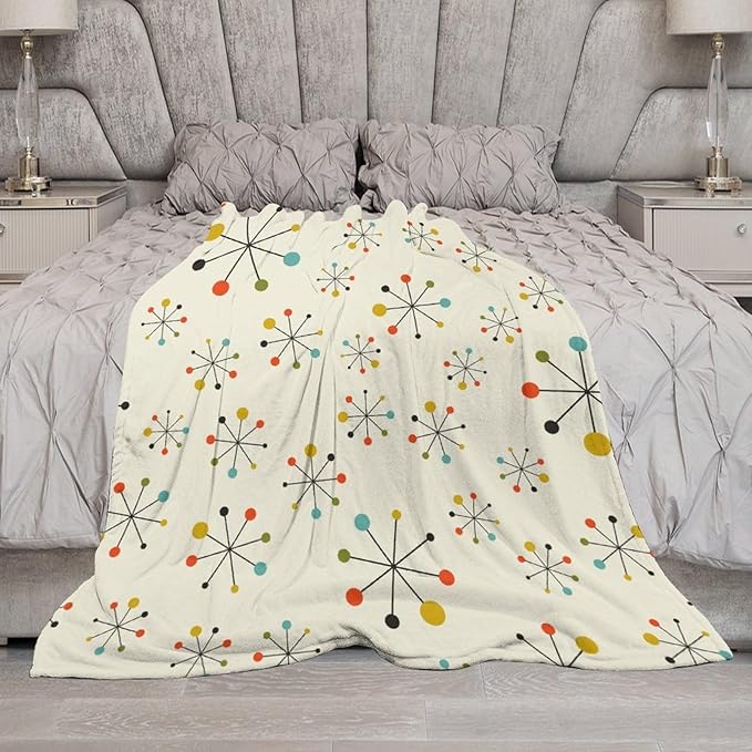 Mid Century Throw Blanket, Retro Abstract Geometric Pattern Boho 1950s 1960s Iconic Atomic Starbursts Modern Sputnik Print Blanket for Couch Sofa Bed Decorative Gifts 30"x40"