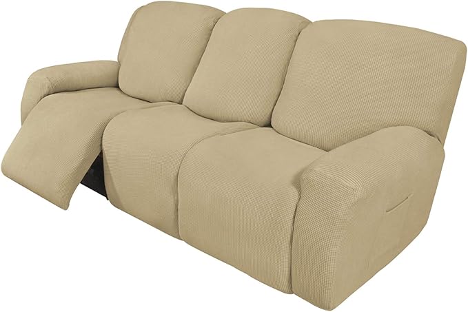Easy-Going 8 Pieces Recliner Sofa Stretch Sofa Slipcover Sofa Cover Furniture Protector Couch Soft with Elastic Bottom Kids, Spandex Jacquard Fabric Small Checks Beige