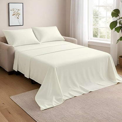 NON Sticky cotton Twin Size Sleeper Sofa Sheets, 4 Piece Egyptian Cotton Bed Sheet Set for Sofa Bed, 10" Deep Pocket for Pull Out Couch Mattress, 39" x 75", Ivory Solid, Soft & Breathable
