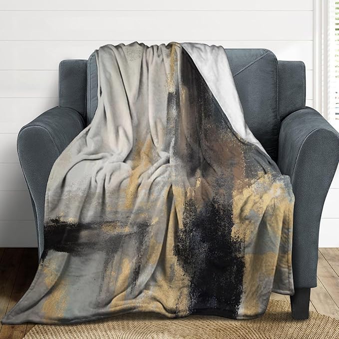 Fashion Gradient Blanket, Modern Abstract Baroque Glod Grey Painting Strokes Pattern Soft Warm Cozy Plush Flannel Covers for Livingroom Bedroom Couch Chair Camping Travel Home Decor Tapestry 60x80in