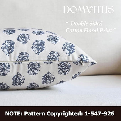 DOMVITUS Set of 2 Floral Pillow Covers 24x24, Block Print Pillow Covers Vintage Neutral Decorative Farmhouse Throw Pillow Covers for Couch Bed Living Room Dusty Blue