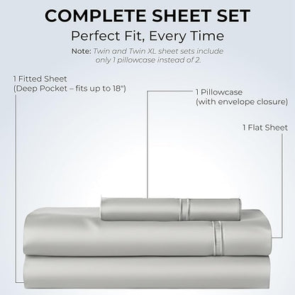 100% Natural Cotton Bed Sheets | 500 TC Single-Ply Sateen Weave Twin XL Sheets | Soft, Breathable, Hypoallergenic Solid 3-Piece Bedding with Deep Pocket Fitted, Flat, Pillowcase | Grey