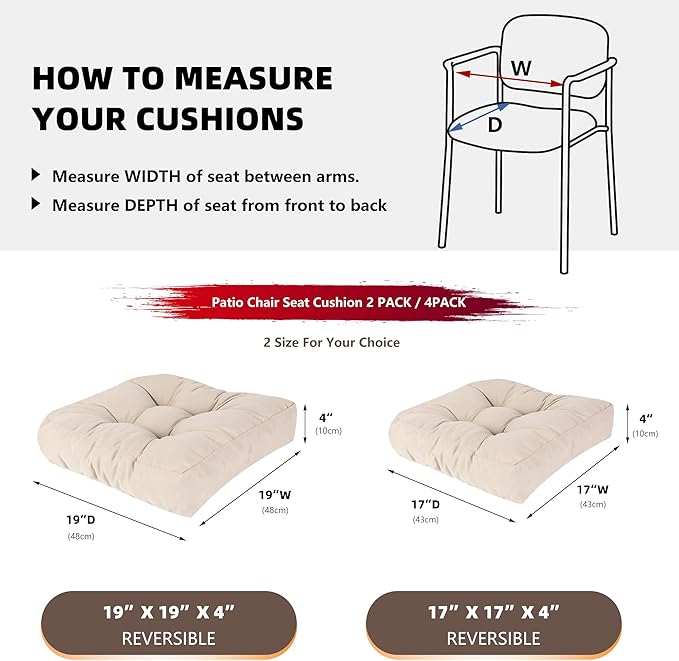 RACE LEAF 4 Pack 19x19 Inch Patio Chair Cushions, Memory Foam Seat Cushions Waterproof with Tufted Design & Non-Slip Backing (Khaki)