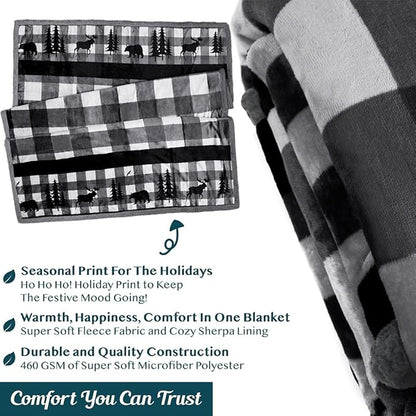 Pavilia Winter Cabin Sherpa Blanket Throw Twin | Flannel Fleece Christmas Plaid Holiday Blanket Gift | Plush, Soft, Warm, Cozy, Reversible Microfiber Throw 60x80 (Grey)