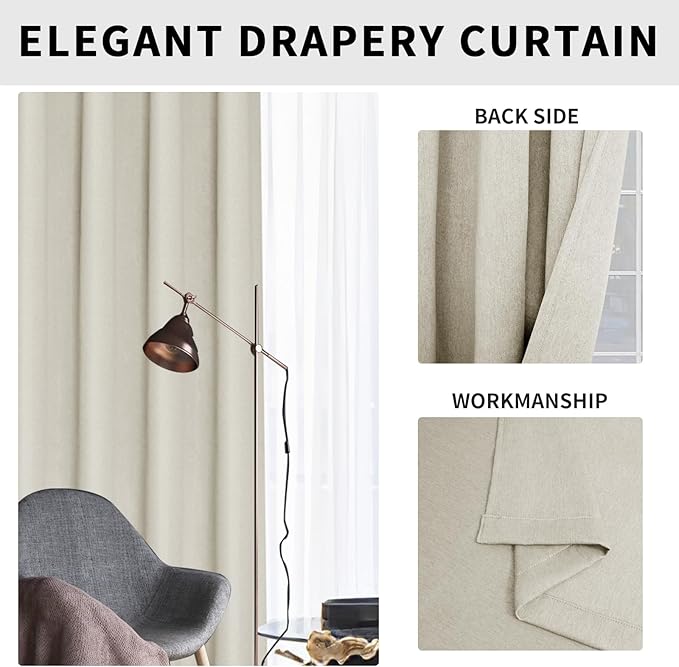 Easy-Going Linen Look Blackout Curtain 108 Inch Length Grommet Window Curtain Drapes for Bedroom, Living Room Thermal Insulated Room Darkening (Set of 2 Panels, Natural)