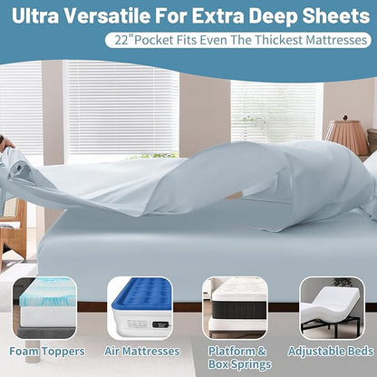 Extra Deep Pocket Queen Sheets 18-24 Inch 100% Egyptian Cotton 1000 Thread Count Sateen Weave Soft Breathable 4 Pieces（Queen,Light Blue）