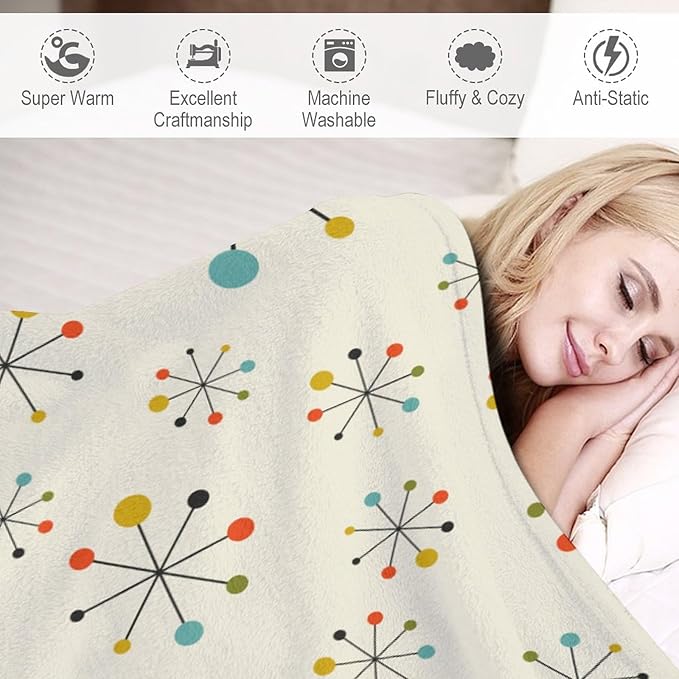Mid Century Throw Blanket, Retro Abstract Geometric Pattern Boho 1950s 1960s Iconic Atomic Starbursts Modern Sputnik Print Blanket for Couch Sofa Bed Decorative Gifts 30"x40"