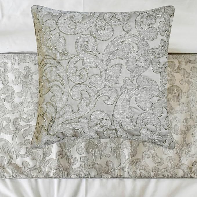 The HomeCentric King/Queen/Twin Silver Luxury King 90"x18" Bed Runner with Two Pillow Cover, Abstract, Floral, Bead Hand Embroidery Bed Scarf on Jacquard Fabric - Ethereal Silver