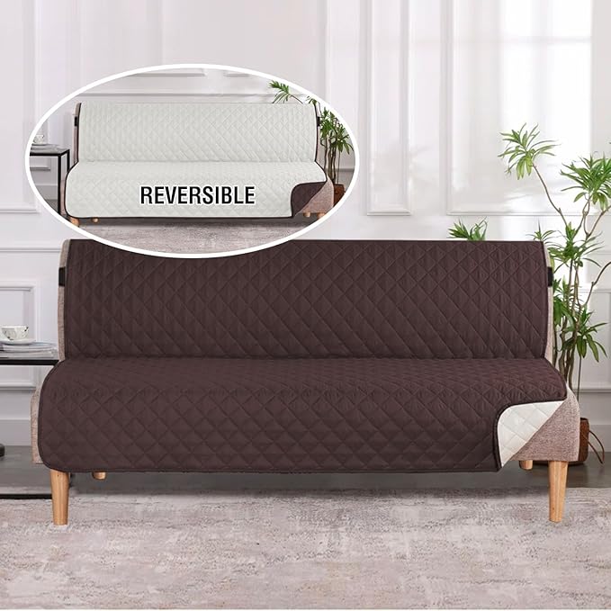 H.VERSAILTEX Reversible Futon Cover Water Repellent Armless Sofa Slipcover Washable Furniture Protector with Adjustable Elastic Strap Anti-Slip Futon Bed Cover for Dogs 70" Width Seat (Brown/Beige)