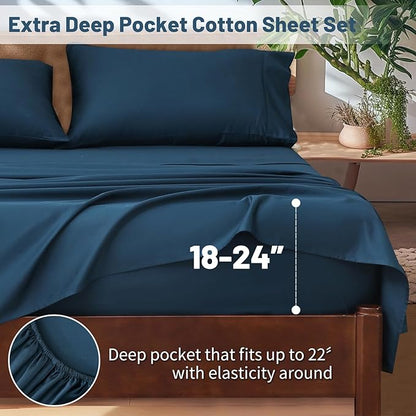 Extra Deep Pocket Queen Sheets 18-24 Inch 100% Egyptian Cotton 1000 Thread Count Sateen Weave Soft Breathable 4 Pieces（Queen,Navy）