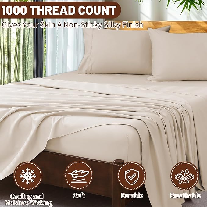 Extra Deep Pocket Queen Sheets 18-24 Inch 100% Egyptian Cotton 1000 Thread Count Sateen Weave Soft Breathable 4 Pieces（Queen,Linen）