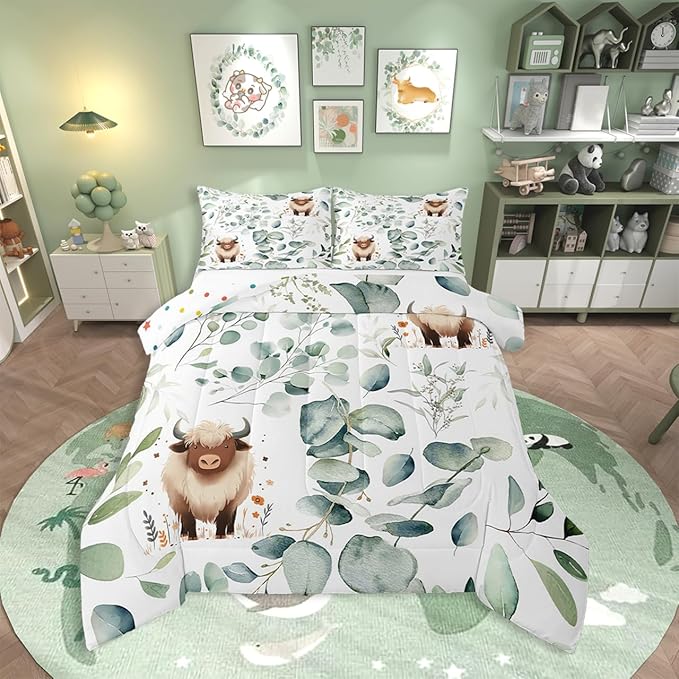 Erosebridal Boys Cartoon Animal Queen Bedding Sets for Kids Toddler Kawaii Cow Comforter Set, Highland Cattle Bull Down Comforter Western Cowboy Bedding Comforter Sets, Green Eucalyptus Duvet Insert