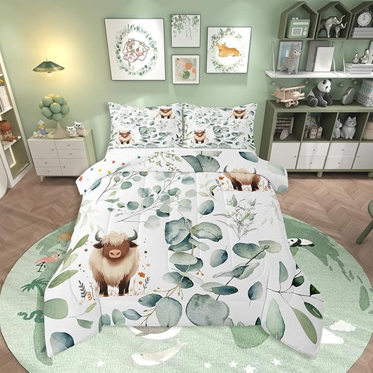 Erosebridal Boys Cartoon Animal King Size Comforter Set for Kids Toddler Kawaii Cow Bedding Set, Highland Cattle Bull Down Comforter Western Cowboy Bed Set, Botanical Green Eucalyptus Quilted Duvet