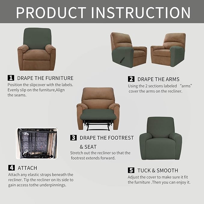 Easy-Going Recliner Stretch Sofa Slipcover Sofa Cover 4-Pieces Furniture Protector Couch Soft with Elastic Bottom Kids Spandex Jacquard Fabric Small Checks(Recliner,Olive Green,Large)