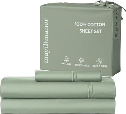 100% Natural Cotton Bed Sheets | 500 TC Single-Ply Sateen Weave Twin Sheets Set | Soft, Breathable, Hypoallergenic Solid 3-Piece Bedding with Deep Pocket Fitted, Flat, Pillowcase | Sage