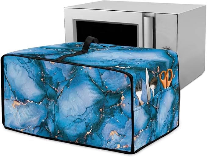 Toaster Oven Dust Cover with Storage Pockets, Dust Protection Smart Oven Cover for Kitchen Countertop Home Decor, S, 14.5 x 18.5 x 9 Inches, Blue Gold Marble