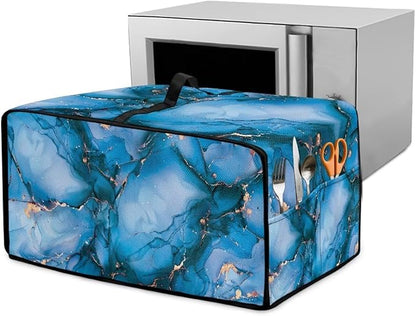 Toaster Oven Dust Cover with Storage Pockets, Dust Protection Smart Oven Cover for Kitchen Countertop Home Decor, S, 14.5 x 18.5 x 9 Inches, Blue Gold Marble