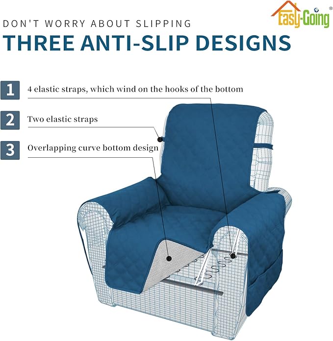 Easy-Going Sofa Slipcover Waterproof Recliner Chair Cover Non-Slip Fabric Couch Cover for Living Room Washable Furniture Protector for Pets Kids Children Dog Cat (Recliner, Peacock Blue)