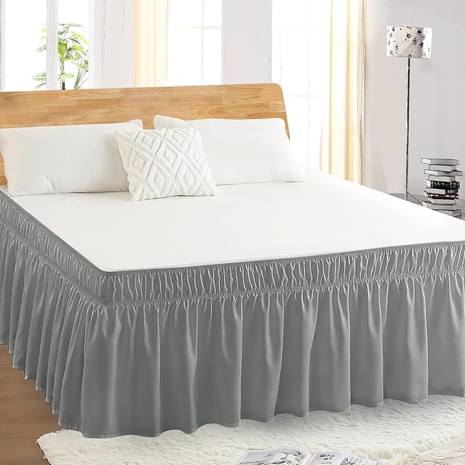 King Bed Skirt, Elastic Wrap Around Bed Skirt King Size, Bed Skirts for Adjustable Bed, Easy Fit with 18" Drop Length Tailored Drop Dust Ruffle (Grey)