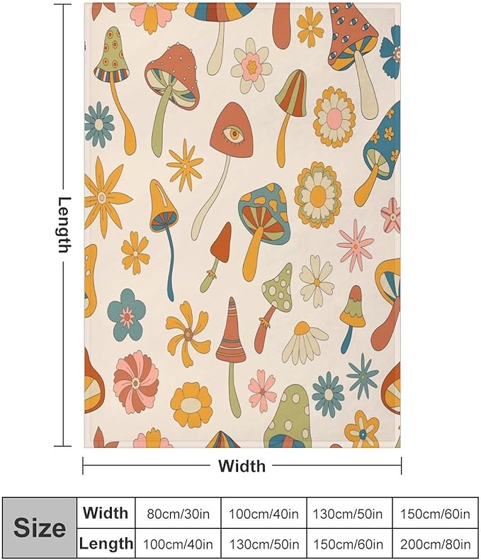 70s Mushroom Throw Blanket, Retro 60s Groovy Mushroom Boho Hippie Flowers Print Blanket for Kids Baby Bedroom Sofa Holiday Decor 30"x40"