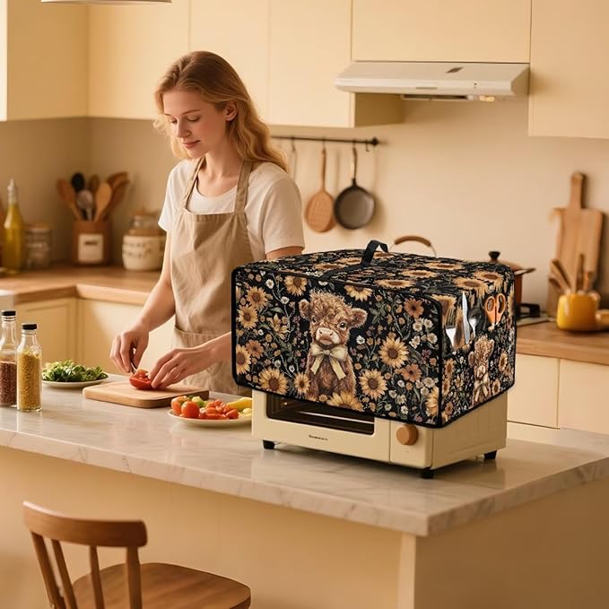 Cute Highland Cattle Print Toaster Oven Cover Heavy Duty Microwave Oven Dust Cover Sunflower Daisy Print Dust-Proof Universal Kitchen Machine Covers Suitable for Most Microwave Ovens, L
