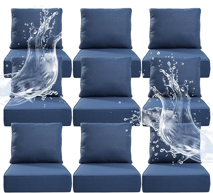 6" Thicker Outdoor Chair Cushion 9 Sets - 24" *24" *6" Waterproof Patio Furniture Cushions with Removable Cover, 28D High Density Sponge Filling Thicken Outdoor Patio Cushions - Blue