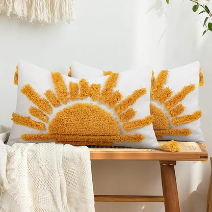 Adabana Boho Decorative Throw Pillow Covers 12x20 Tufted Yellow Sun Sunshine Pillow Cover for Bedroom Living Room Bed Sofa